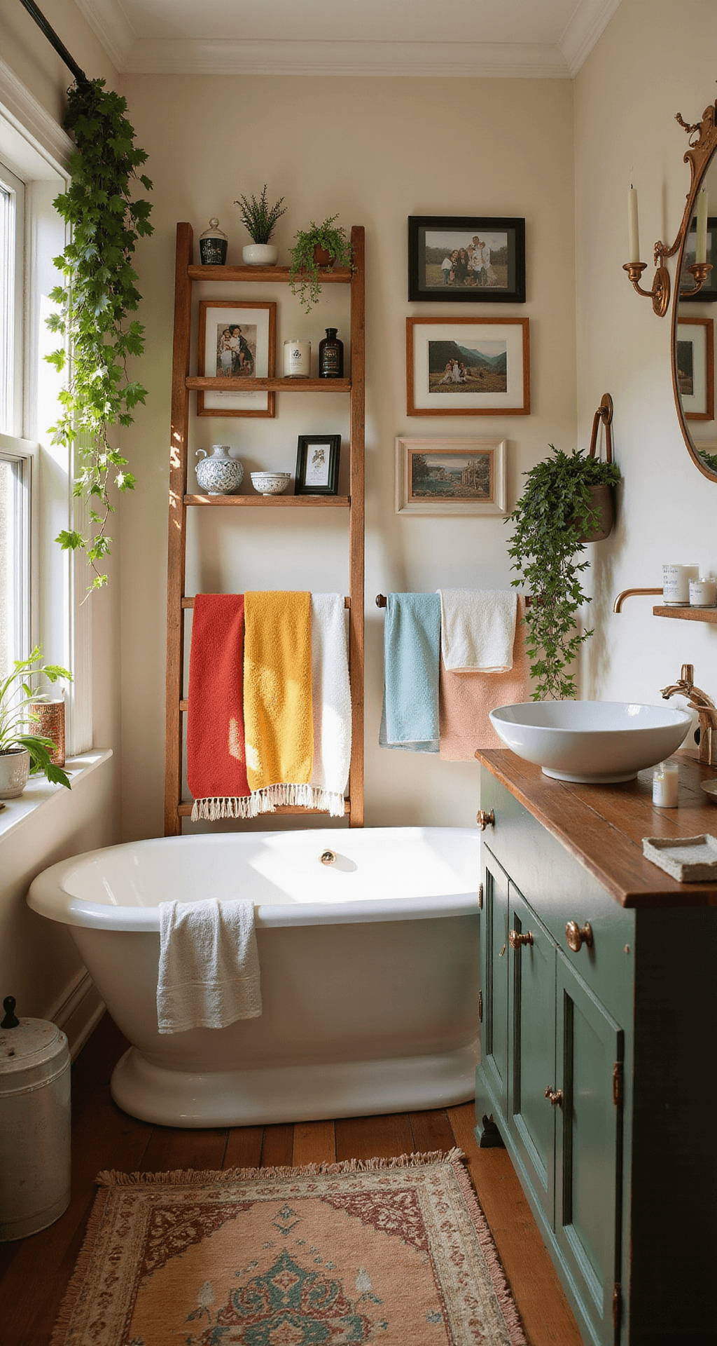 Beautiful Bathroom Decor: Transform Your Space into a Personal Sanctuary Personalized bathroom sanctuary illuminated by warm afternoon light, featuring a freestanding bathtub under a gallery wall of personal photography and small artworks, a vintage ladder with colorful towels and cascading plants, an antique vanity with curated objects and luxury candles, all in a cohesive color palette of warm whites and natural tones.