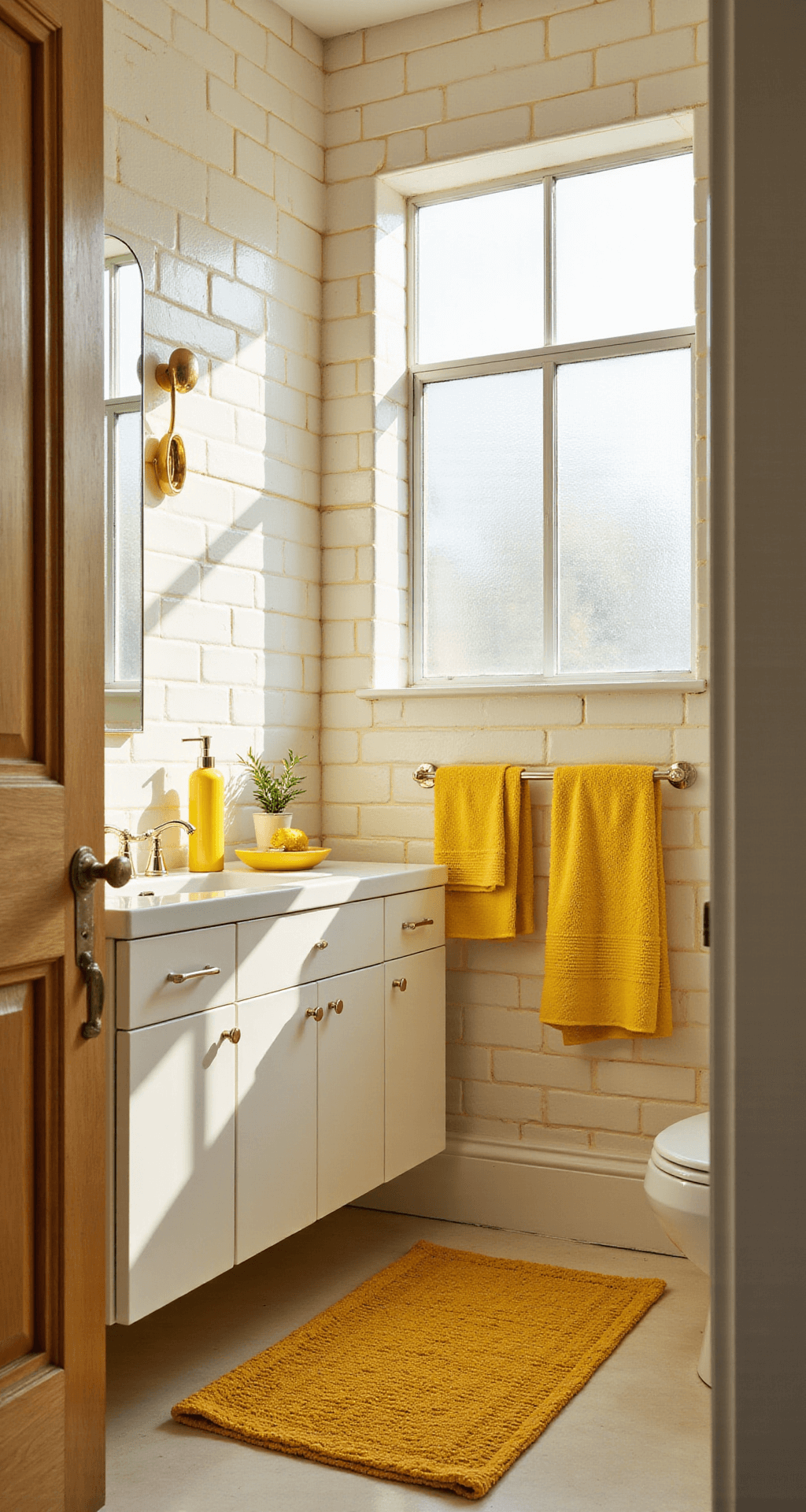 Sunshine in Your Sanctuary: The Ultimate Guide to Yellow Bathroom Decor A bright, energizing bathroom interior with white subway tiles, mustard yellow grout, a floating white vanity, and lemon yellow accessories, illuminated by warm morning sunlight streaming through frosted glass windows.