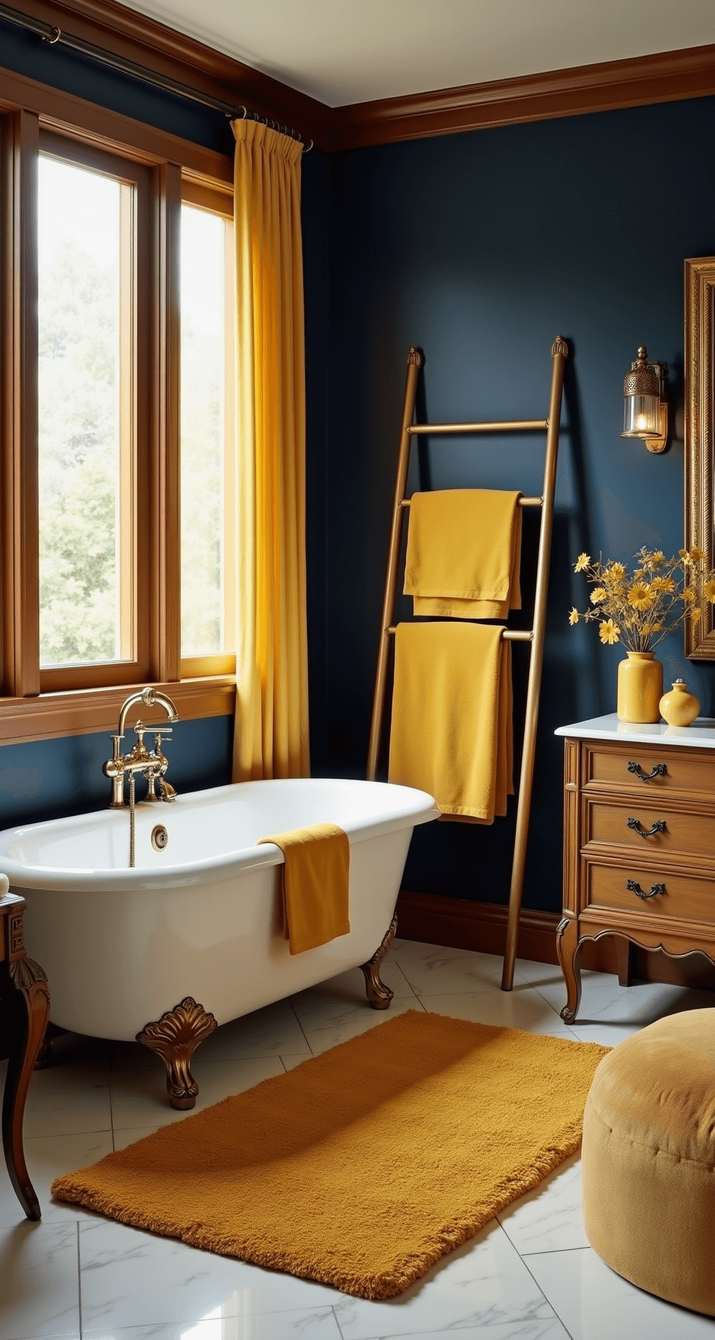 Sunshine in Your Sanctuary: The Ultimate Guide to Yellow Bathroom Decor Elegant master bathroom with navy blue and mustard yellow decor, featuring a freestanding clawfoot tub, tall windows with sheer curtains, an antique brass ladder rack with towels, and a vintage-inspired vanity, all bathed in warm golden hour light.