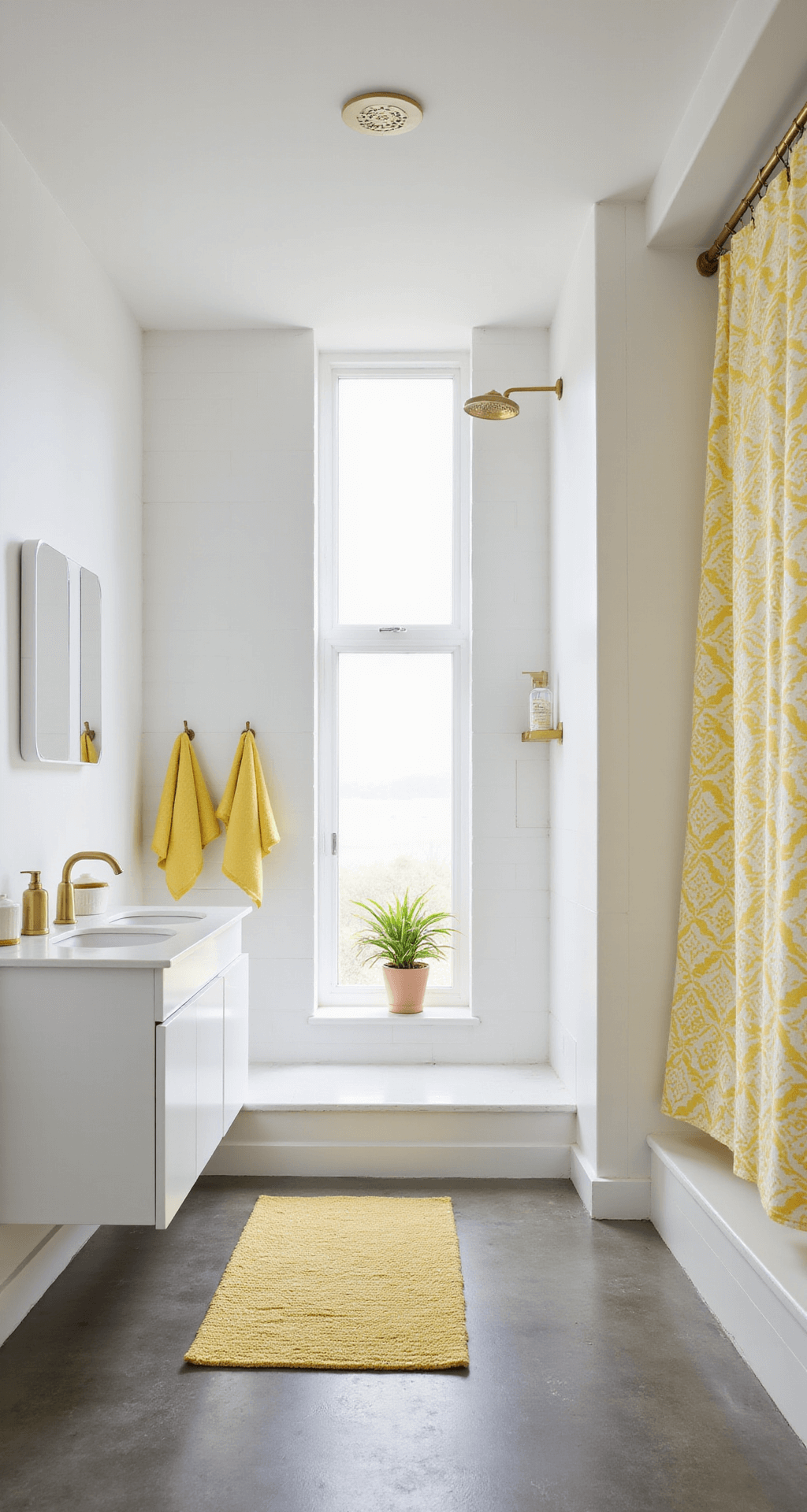 Sunshine in Your Sanctuary: The Ultimate Guide to Yellow Bathroom Decor A modern minimalist bathroom with bright midday light, featuring a floating double vanity, pastel yellow accents, large format white tiles, a geometric yellow and white shower curtain, brushed gold fixtures, and a pale yellow woven bath mat on polished concrete floors.