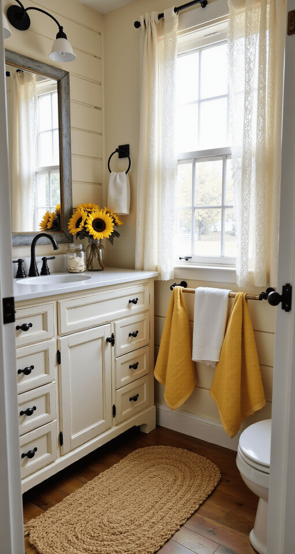 Sunshine in Your Sanctuary: The Ultimate Guide to Yellow Bathroom Decor A cozy farmhouse-style bathroom with shiplap cream walls, a distressed white vanity, and layered textures in warm yellow tones, including waffle-weave towels and a braided jute rug, illuminated by natural light filtering through lace curtains.
