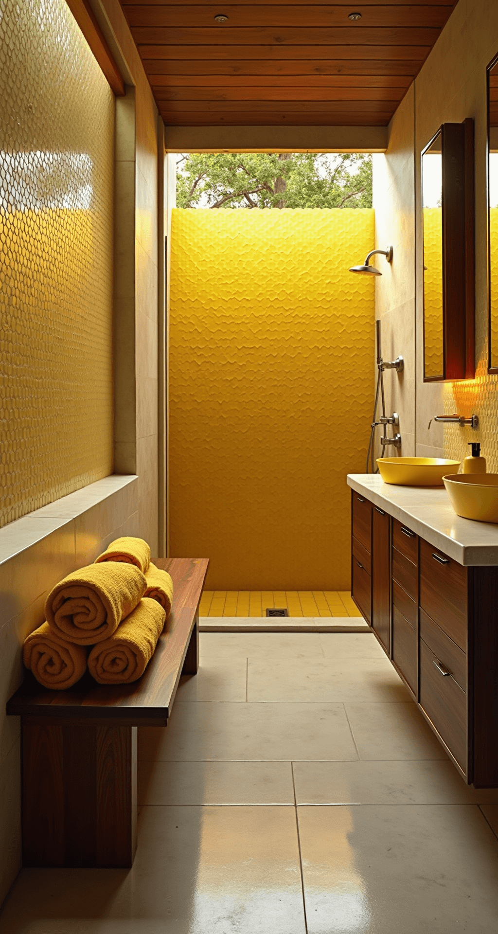 Sunshine in Your Sanctuary: The Ultimate Guide to Yellow Bathroom Decor A luxurious spa-like bathroom at sunset, featuring gradient yellow honeycomb tiles in the walk-in shower, a teak bench with textured rolled towels, floor-to-ceiling windows with garden views, a dark walnut floating vanity, and bright yellow ceramic accessories, all captured from an elevated angle.