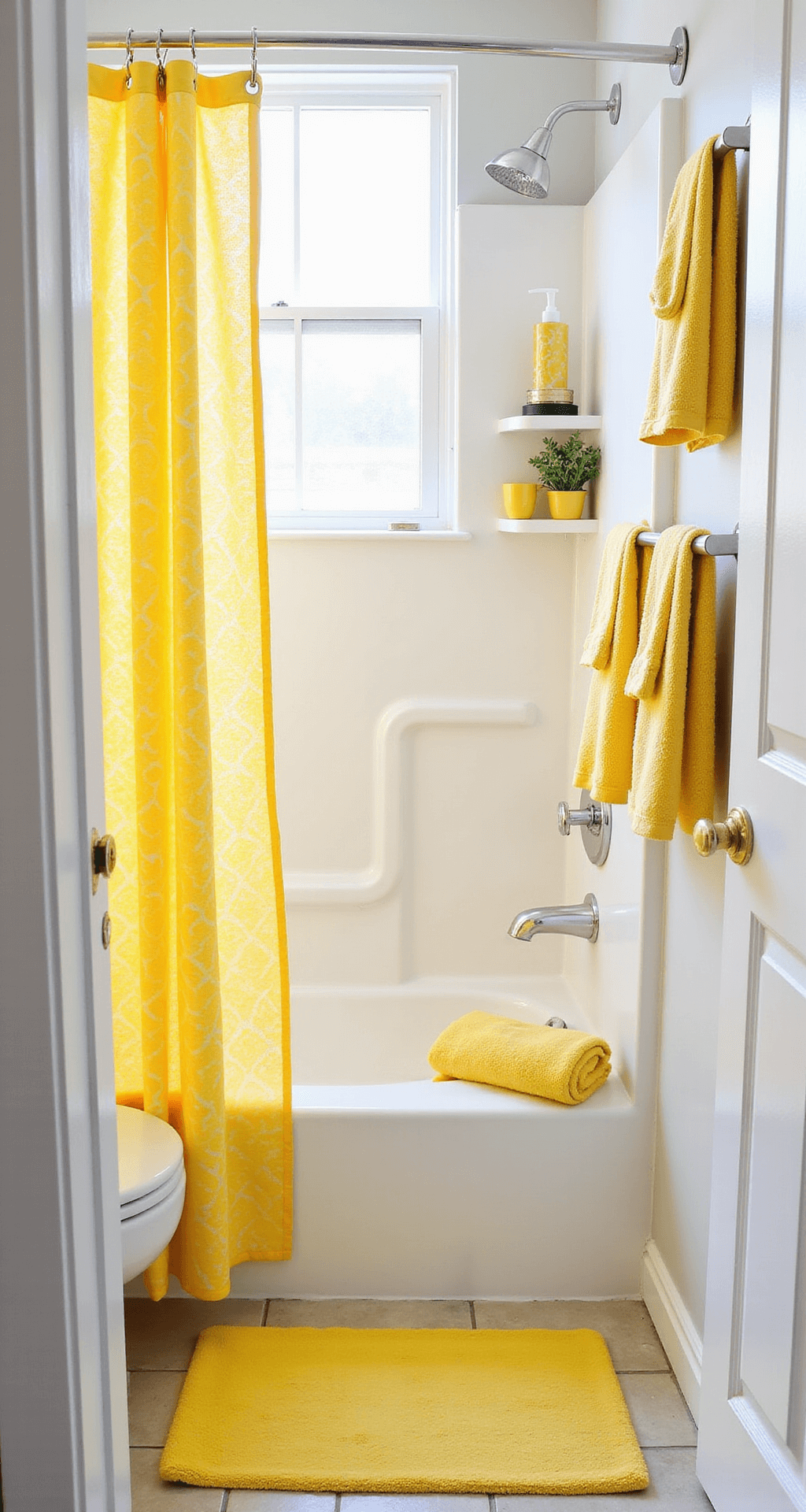 Sunshine in Your Sanctuary: The Ultimate Guide to Yellow Bathroom Decor A budget-friendly bathroom transformation featuring white fixtures and cheerful yellow accents, including a geometric patterned shower curtain, matching towels, ceramic accessories on open shelving, and a soft yellow bath mat, all illuminated by bright afternoon light.