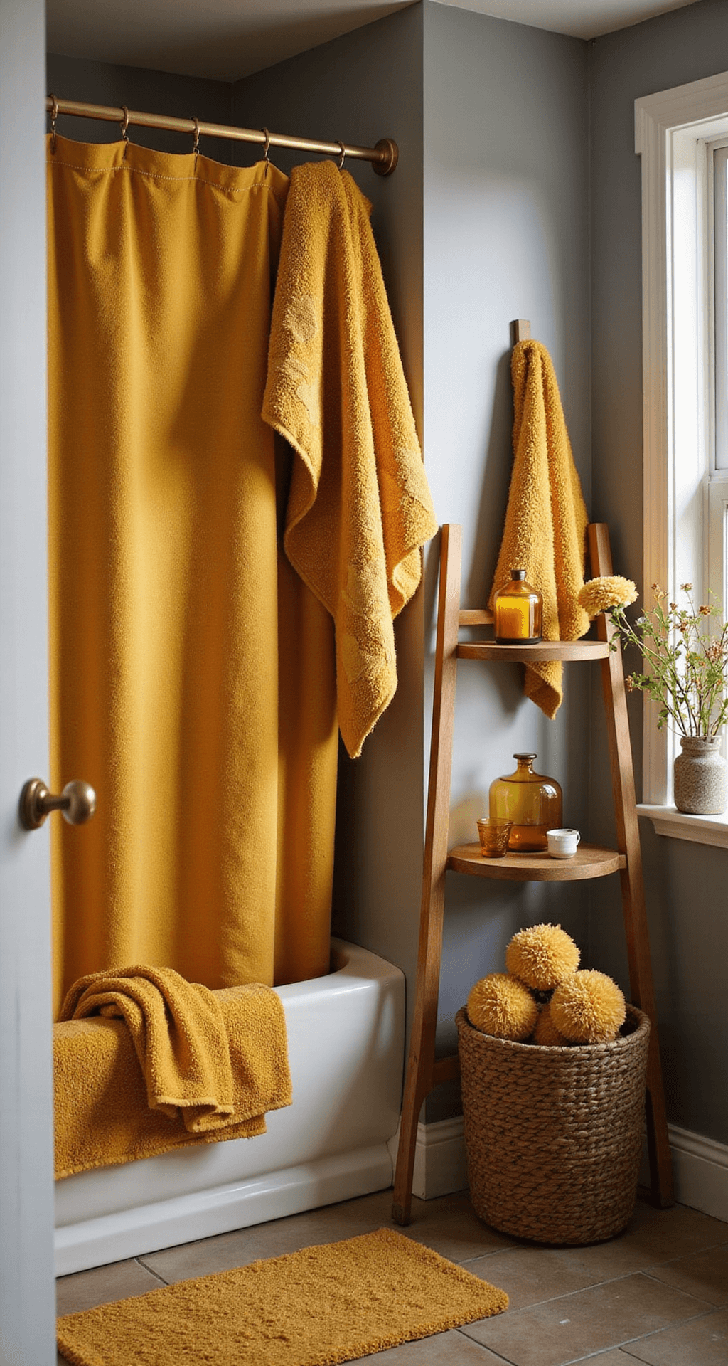 Sunshine in Your Sanctuary: The Ultimate Guide to Yellow Bathroom Decor A cozy autumn-themed bathroom with warm gray walls, featuring deep golden yellow accessories, plush towels, a leaf-patterned shower curtain, and seasonal decor on a wooden ladder shelf, all bathed in golden hour light.