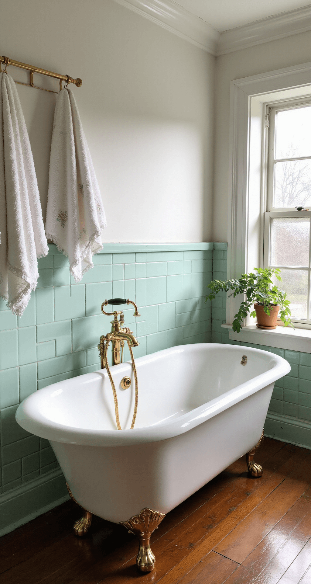 Retro Bathroom Decor: A Nostalgic Journey into Vintage Design Photorealistic retro bathroom with a white clawfoot bathtub on brass feet, mint green subway tiles, original hardwood floors, and soft morning light filtering through frosted glass windows, creating a warm, inviting atmosphere.