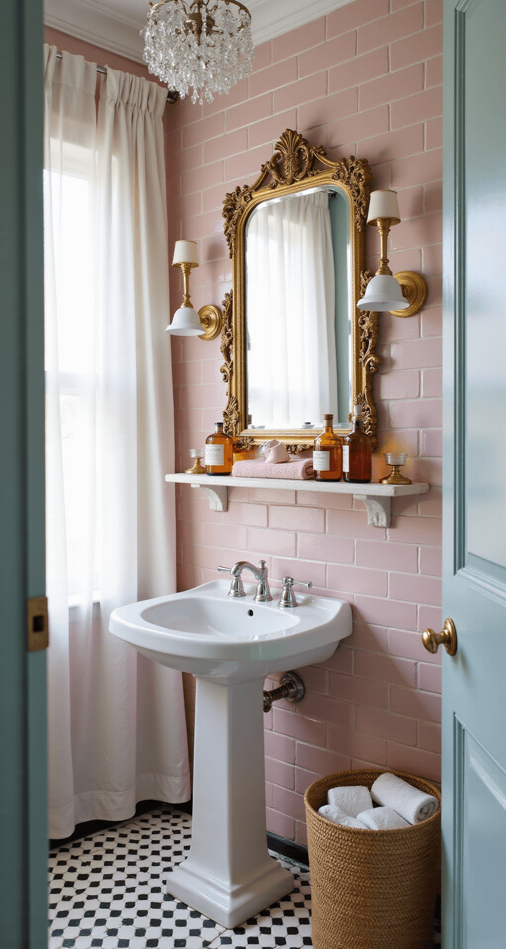 Retro Bathroom Decor: A Nostalgic Journey into Vintage Design A retro bathroom decorated in soft pink and powder blue, featuring high ceilings, original plaster walls, and afternoon sunlight filtering through sheer curtains. The room showcases glossy blush pink subway tiles, a white pedestal sink with chrome fixtures under an ornate gilt-framed mirror, and geometric black and white hexagonal floor tiles. Vintage amber glass perfume bottles adorn a floating shelf, and a woven seagrass basket holds rolled towels. A small crystal chandelier adds a touch of elegance, all captured in soft romantic lighting.
