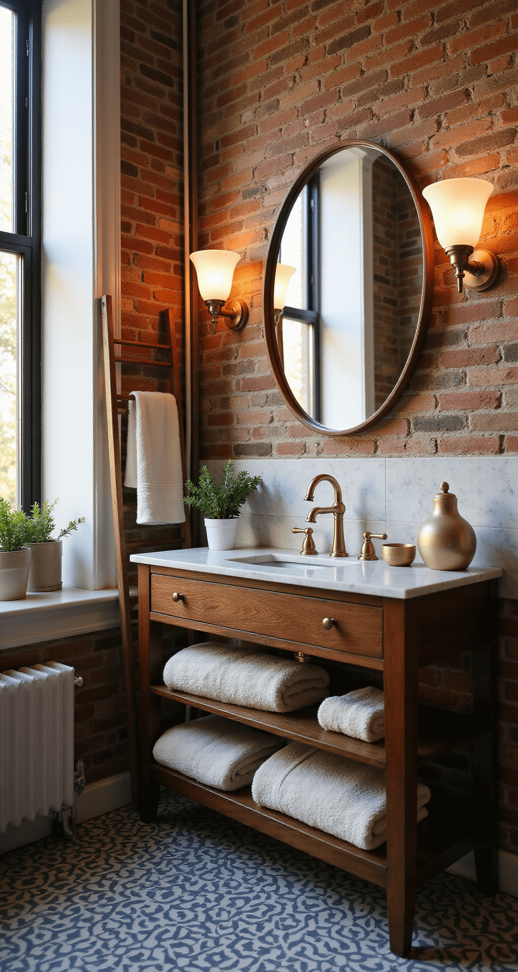 Retro Bathroom Decor: A Nostalgic Journey into Vintage Design Elegant retro bathroom with brass sconces, oversized circular mirror, exposed brick wall, dark walnut vanity with white marble, fluffy cream towels on a ladder rack, and navy and white geometric cement tiles, illuminated by warm golden hour light.