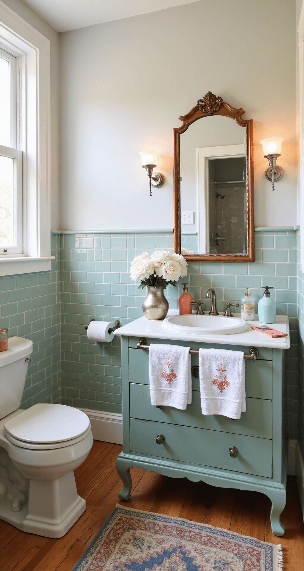 Retro Bathroom Decor: A Nostalgic Journey into Vintage Design Charming retro bathroom featuring vintage accessories, a refined antique dresser vanity, sage green subway tiles, and soft morning light from milk glass pendants, creating a cozy atmosphere.