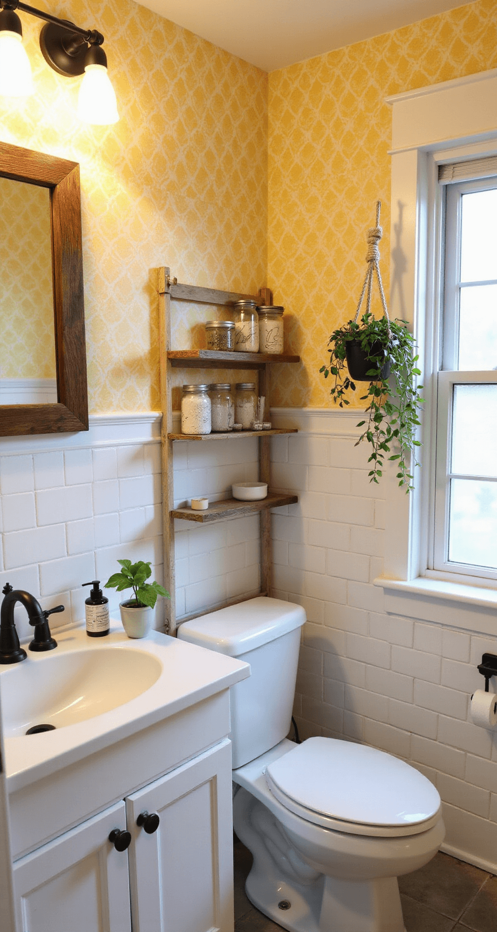 Retro Bathroom Decor: A Nostalgic Journey into Vintage Design Budget-friendly DIY retro bathroom transformation featuring vintage charm in an 8x10 space, with geometric yellow and white wallpaper, a wooden ladder towel rack, and matte black spray-painted fixtures, illuminated by Edison bulbs and natural daylight.