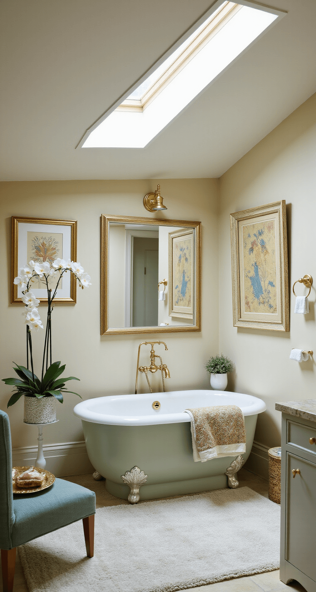 Retro Bathroom Decor: A Nostalgic Journey into Vintage Design A sophisticated retro bathroom in a spacious 12x14 foot master suite, featuring vaulted ceilings and skylights, with a cohesive color scheme of cream, sage, and brass. Modern functionality integrates with vintage aesthetics, highlighted by tasteful lighting, strategic mirror placement, and decorative elements like fresh orchids and quality linens.