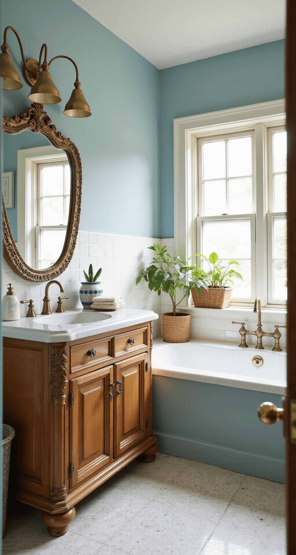 Retro Bathroom Decor: A Nostalgic Journey into Vintage Design A beautifully designed retro bathroom showcasing a 10x12 foot space with vintage architectural details, featuring powder blue and cream colors, original casement windows, brass lighting fixtures, woven baskets, embroidered linens, an ornate mirror, warm brass fixtures, and vibrant plants in ceramic planters, all illuminated by afternoon light for a glamorous 1950s aesthetic.