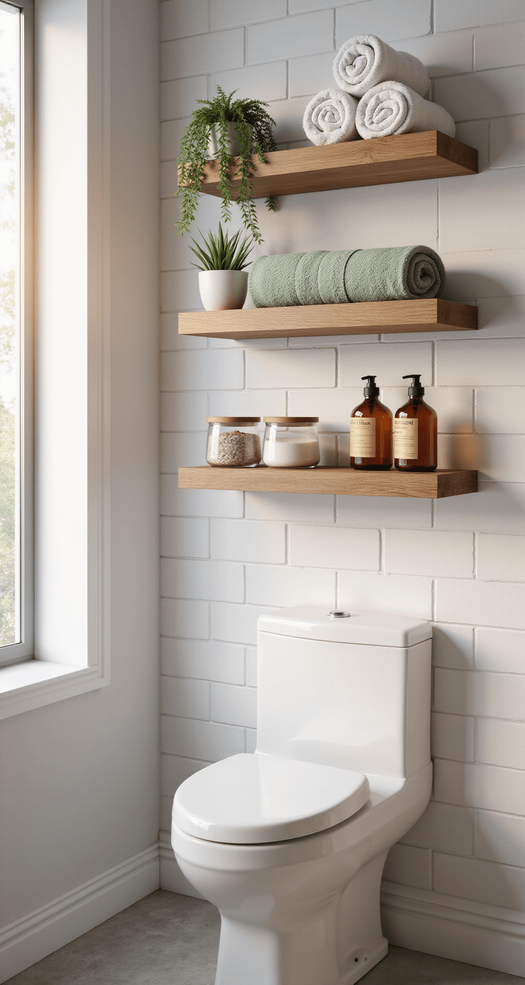 Bathroom Shelf Styling: Transform Your Space from Functional to Fabulous Photorealistic modern bathroom with floating wooden shelves above a white porcelain toilet, displaying rolled towels and glass jars, illuminated by natural light through a frosted window, creating a serene and spa-like atmosphere.