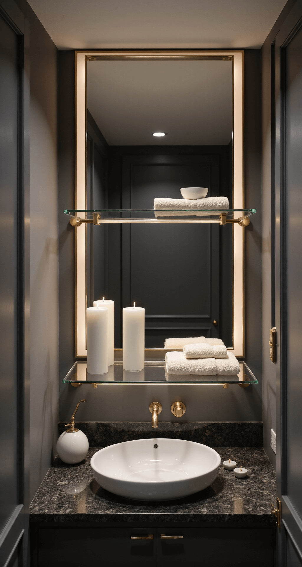 Bathroom Shelf Styling: Transform Your Space from Functional to Fabulous Cinematic interior of an elegant powder room featuring a marble-topped vanity with a large rectangular mirror, flanked by two floating glass shelves styled with white ceramic vessels and cream hand towels, under dramatic evening lighting with a warm glow from brass accents and hidden LED strips.