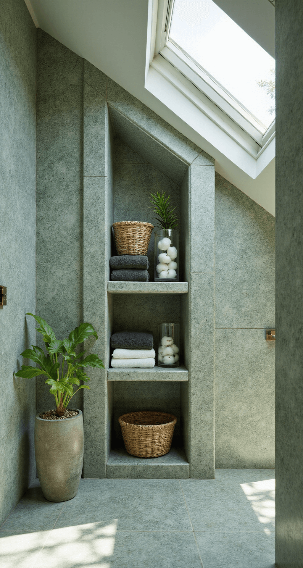Bathroom Shelf Styling: Transform Your Space from Functional to Fabulous Wide-angle view of a luxurious spa-inspired bathroom featuring built-in green marble shelving niches, natural stone walls, and thoughtfully arranged decor, illuminated by natural light from skylights.