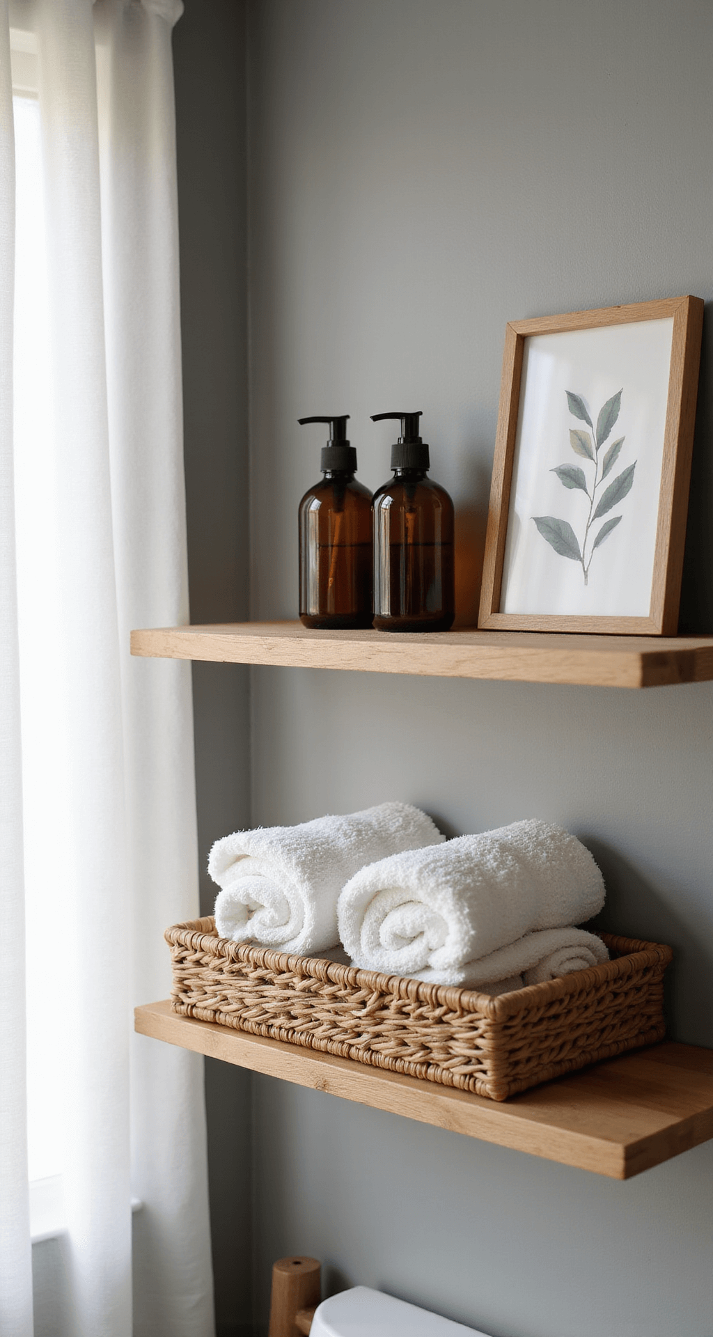 Bathroom Shelf Styling: Transform Your Space from Functional to Fabulous Artistic close-up of a wooden bathroom shelf at eye level, featuring white washcloths, amber glass bottles with black pump dispensers, a small botanical print, and a wicker storage basket of rolled towels, illuminated by soft afternoon light through sheer curtains, with a warm honey oak shelf against soft gray walls.