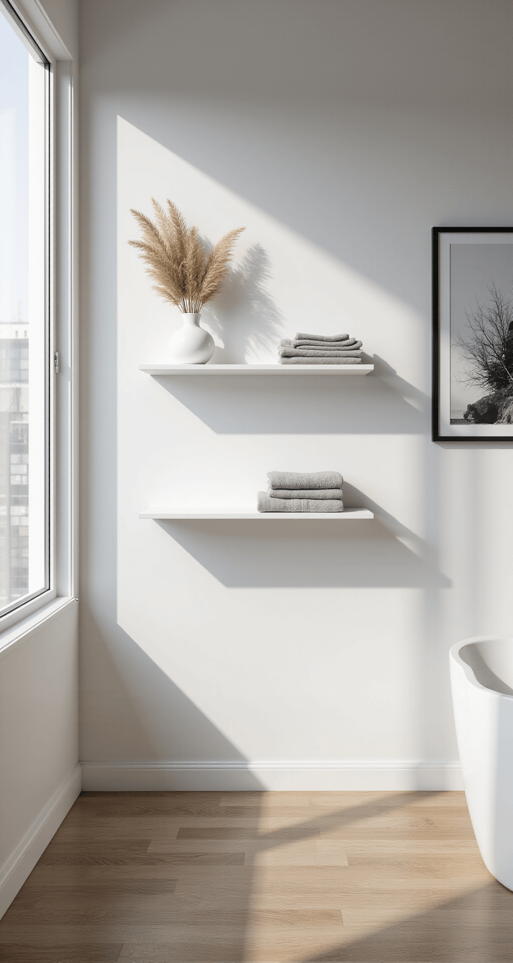 Bathroom Shelf Styling: Transform Your Space from Functional to Fabulous Minimalist bathroom with floating shelves at varied heights, featuring floor-to-ceiling windows, white walls, natural light, and intentional styling including a ceramic vase with pampas grass and gray linen towels, captured in a serene, gallery-like atmosphere.