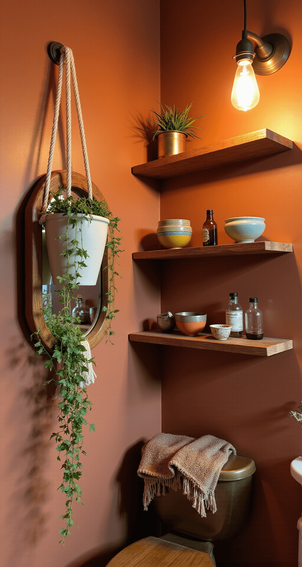 Bathroom Shelf Styling: Transform Your Space from Functional to Fabulous Bohemian-style bathroom featuring eclectic floating shelves with macrame planter, brass mirror, colorful bowls, and vintage bottles, captured in warm evening light with terra cotta walls and rich textures.