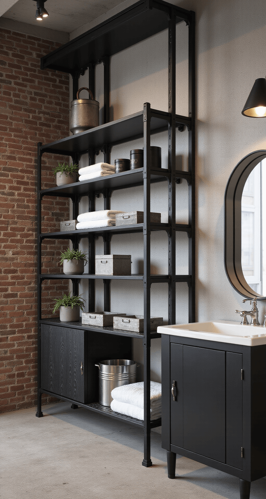 Bathroom Shelf Styling: Transform Your Space from Functional to Fabulous Industrial-modern bathroom showcasing a floor-to-ceiling black metal shelving unit with hotel-quality white towels, black ceramic containers, metallic storage boxes, and green plants in concrete planters, set against a concrete floor and exposed brick wall, illuminated by dramatic track lighting.