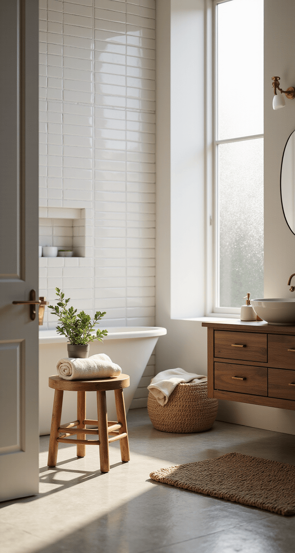 Transforming Your Bathroom with the Perfect Stool: A Complete Styling Guide Photorealistic bathroom interior featuring a natural wood bamboo stool with a rolled cream linen towel and small potted eucalyptus, surrounded by white subway tiles, a floating walnut vanity with a vessel sink, and brass fixtures, bathed in soft morning sunlight for a serene atmosphere.