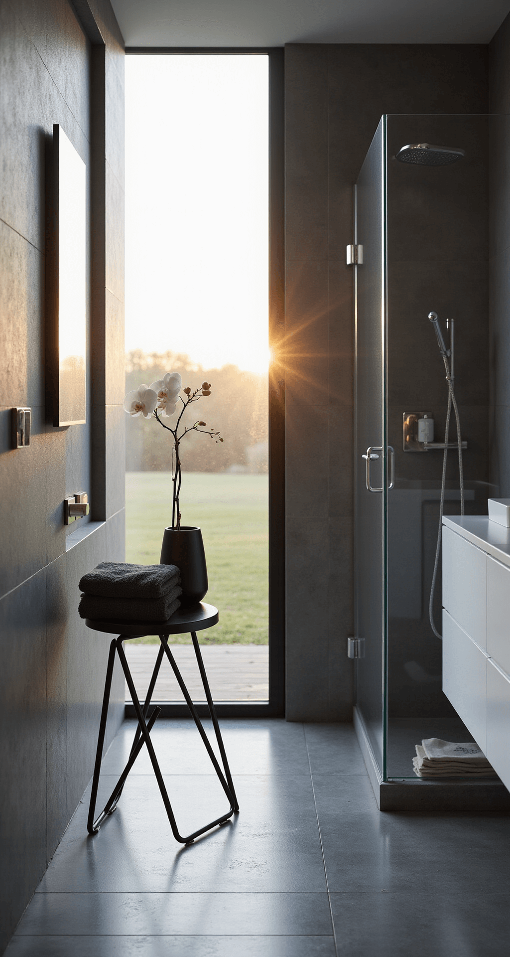 Transforming Your Bathroom with the Perfect Stool: A Complete Styling Guide Contemporary bathroom with sleek black metal geometric stool, gray porcelain tiles, white wall-mounted vanity, and frameless glass shower, illuminated by late afternoon golden hour light, featuring charcoal towels and a minimalist vase with an orchid.