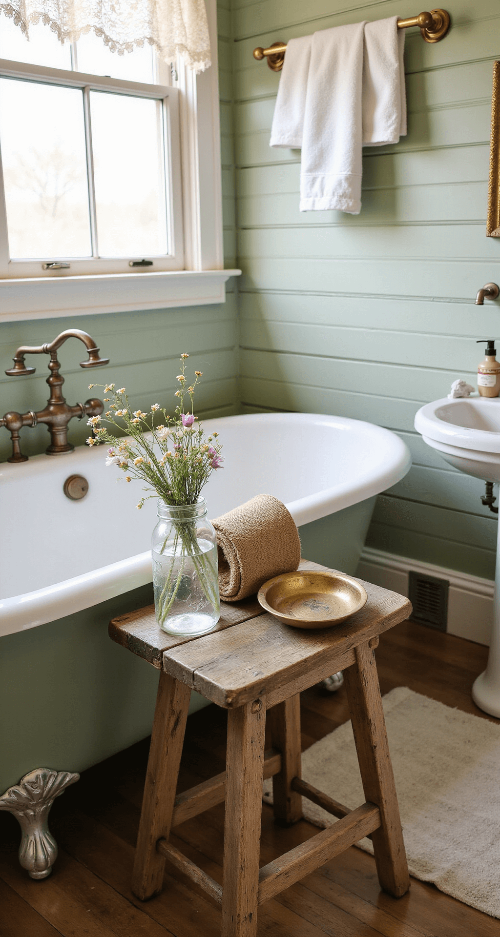 Transforming Your Bathroom with the Perfect Stool: A Complete Styling Guide Rustic farmhouse bathroom featuring soft sage shiplap walls, a vintage clawfoot tub, and a weathered oak three-legged stool adorned with a mason jar of wildflowers, a burlap-textured towel, and an antique brass soap dish, all bathed in warm morning light filtering through lace curtains.