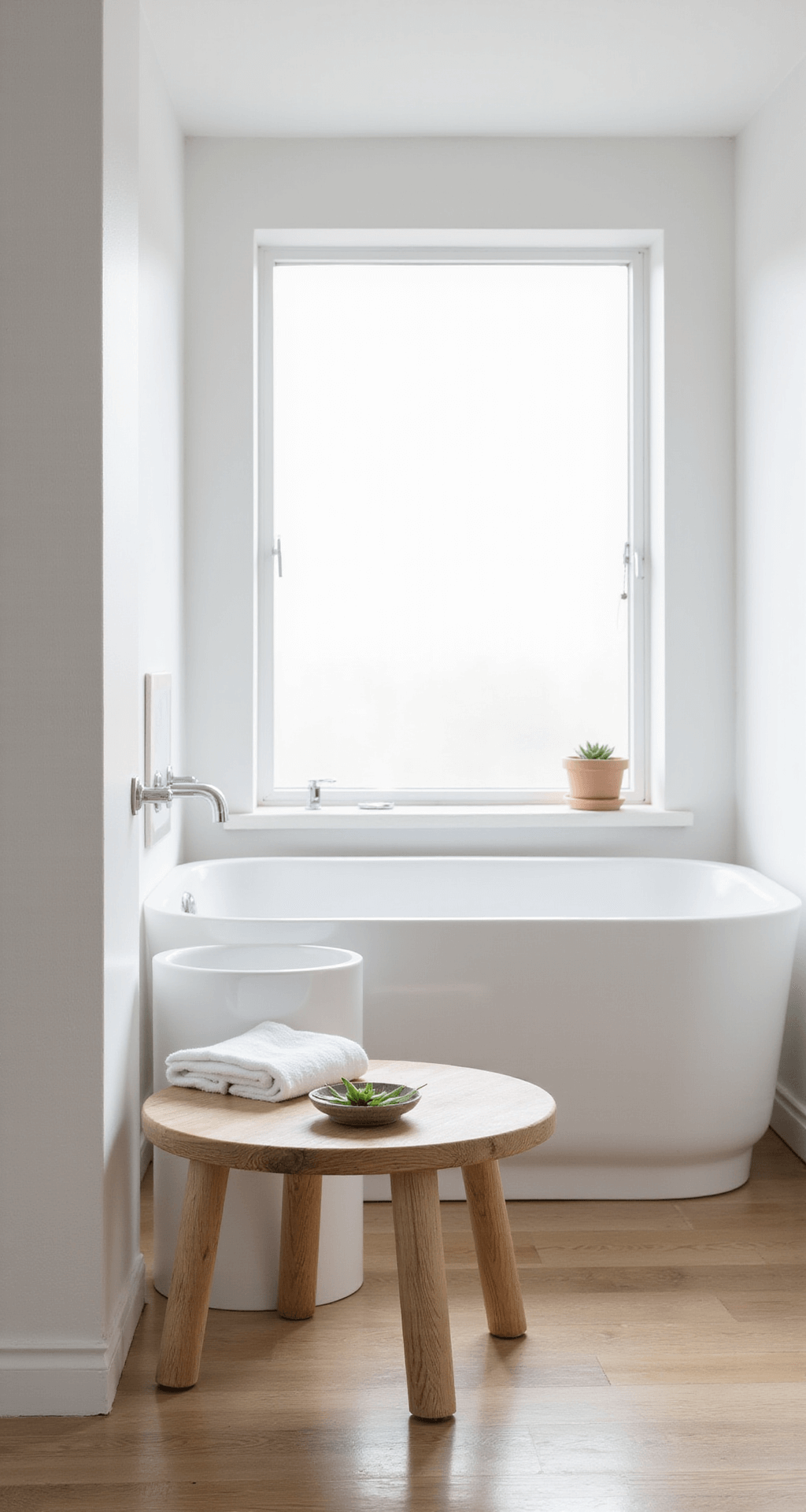 Transforming Your Bathroom with the Perfect Stool: A Complete Styling Guide A minimalist Scandinavian bathroom featuring a round white oak stool positioned between a freestanding white bathtub and wall, topped with a folded white Turkish cotton towel, a small ceramic bowl, and a green succulent, under bright midday light from a large north-facing window, with clean lines, light wood floors, and a serene monochromatic palette.