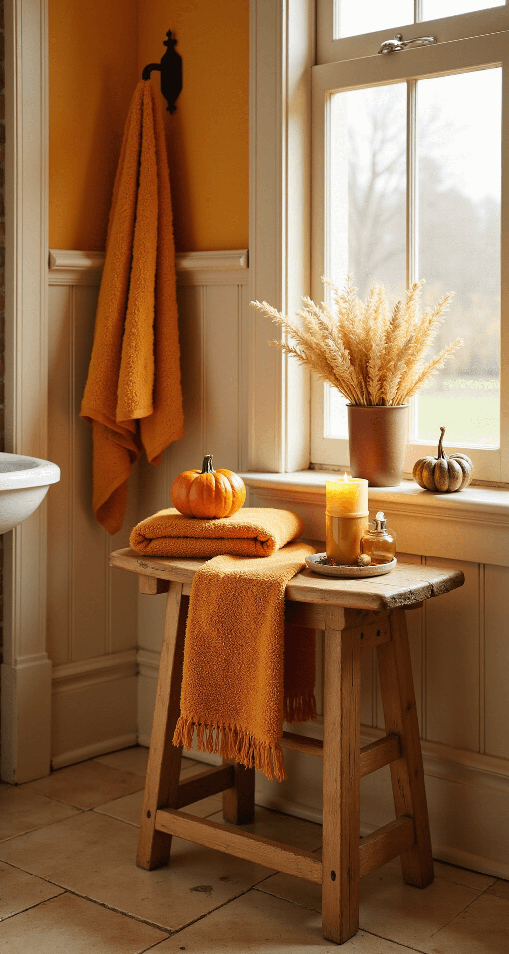 Transforming Your Bathroom with the Perfect Stool: A Complete Styling Guide A cozy autumn bathroom featuring a wooden stool adorned with burnt orange towels, a small pumpkin, a cinnamon-scented candle, and dried wheat, set against warm beige beadboard wainscoting and soft afternoon light creating a golden ambiance.