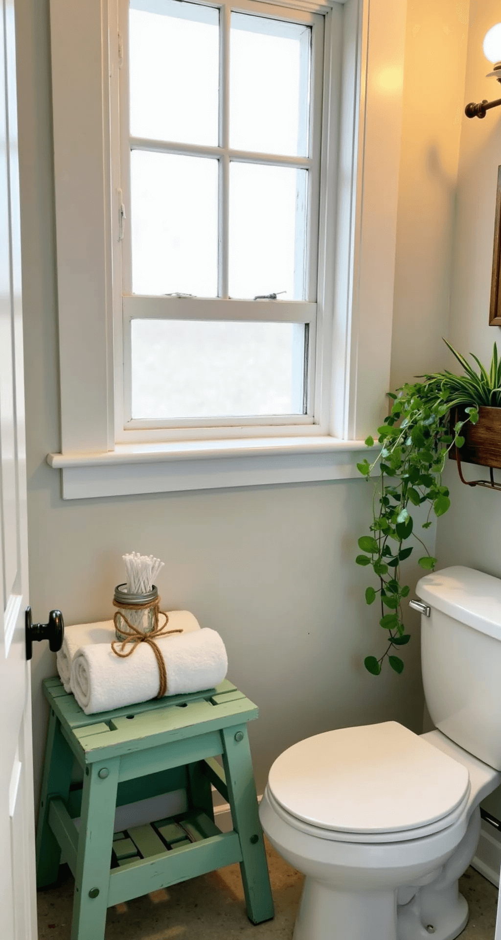 Transforming Your Bathroom with the Perfect Stool: A Complete Styling Guide A small bathroom featuring a repurposed vintage stool painted in soft mint green, styled with rolled white towels tied with twine, a mason jar filled with cotton swabs, and a trailing pothos plant, all bathed in natural light and warm LED bulbs, showcasing a cheerful and budget-friendly DIY transformation.