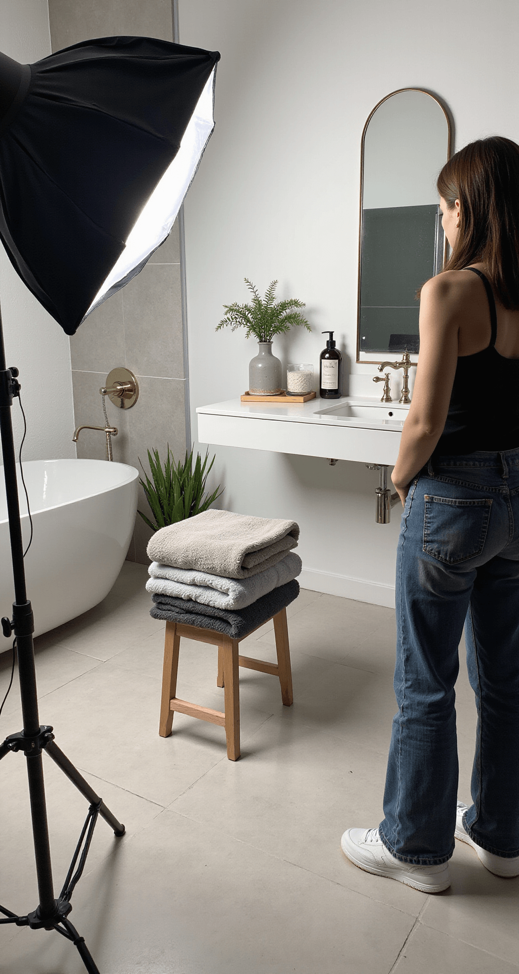 Transforming Your Bathroom with the Perfect Stool: A Complete Styling Guide Behind-the-scenes view of a bathroom photography setup featuring a sleek acrylic stool styled with towels, plants, and decorative objects, illuminated by professional softbox lighting against a backdrop of modern fixtures and neutral tiles.