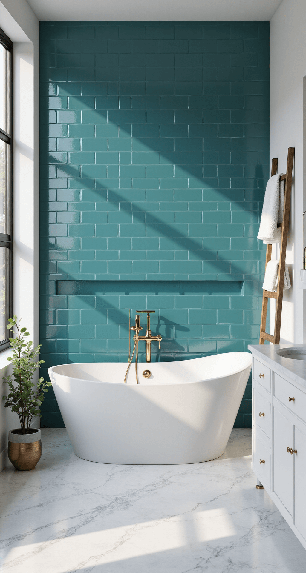 Teal Bathroom Decor: Transform Your Space with Sophisticated Calm Photorealistic modern bathroom interior with teal subway tile accent wall behind a white porcelain bathtub, illuminated by mid-morning light streaming through a frosted window, featuring polished chrome fixtures, white marble flooring, a floating vanity with brass handles, neatly arranged fluffy towels, and potted eucalyptus plants.