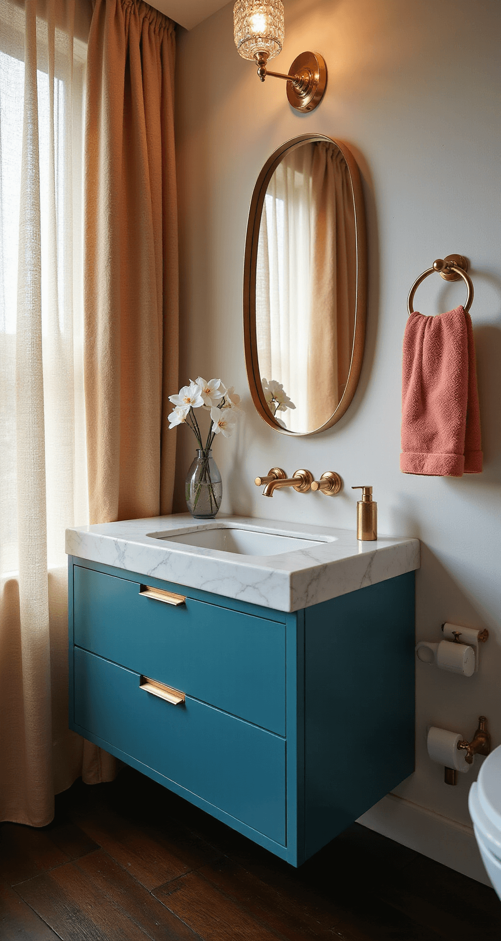 Teal Bathroom Decor: Transform Your Space with Sophisticated Calm Intimate powder room featuring a floating teal vanity with a white quartz waterfall countertop, polished gold fixtures, and warm golden hour light filtering through sheer curtains, illuminating a brass-framed mirror and luxurious decor elements like coral hand towels and white orchids.