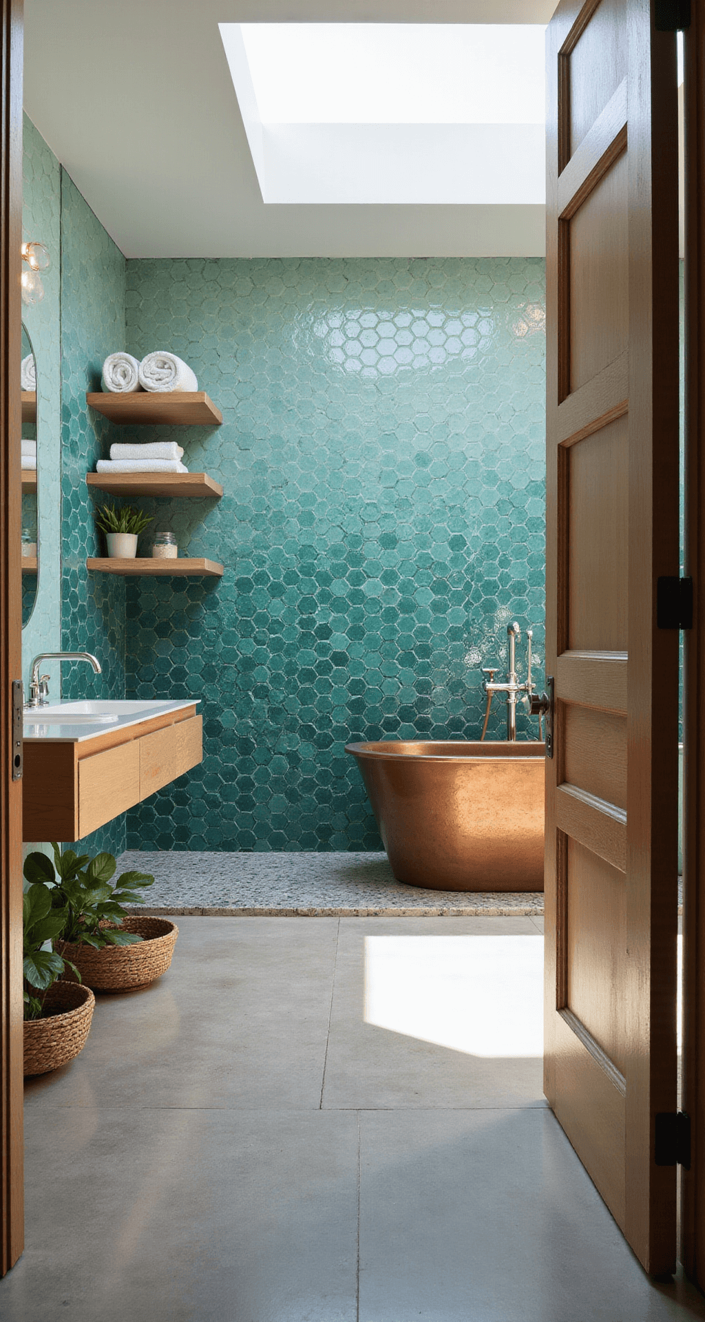 Teal Bathroom Decor: Transform Your Space with Sophisticated Calm Expansive master bathroom with ombre teal mosaic tiles, bright skylight, freestanding copper bathtub, natural wood shelves, and polished concrete floor, capturing a serene spa-inspired atmosphere.