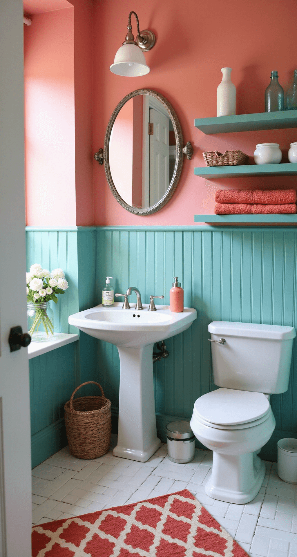 Teal Bathroom Decor: Transform Your Space with Sophisticated Calm Cozy cottage-style bathroom with teal beadboard wainscoting and coral upper walls, featuring a vintage pedestal sink, open shelving with coral towels and teal glass bottles, white subway tile floor, and a geometric rug, all bathed in soft morning light.