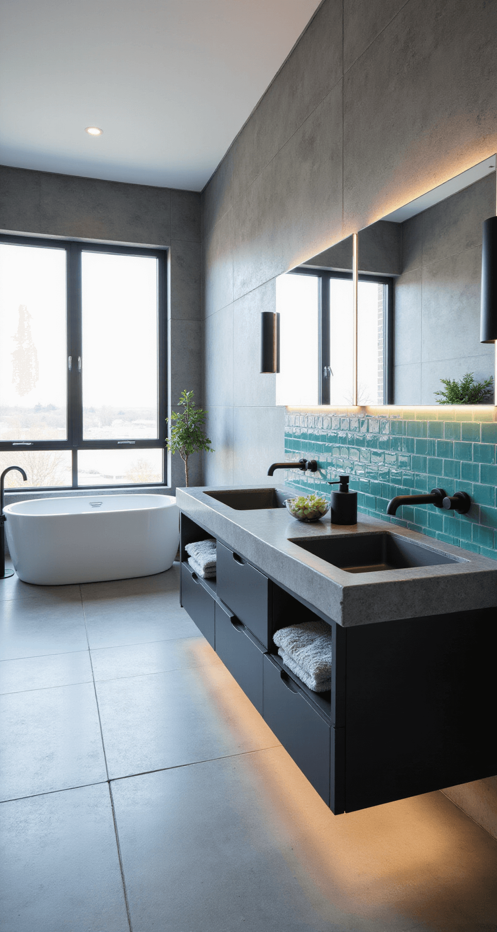 Teal Bathroom Decor: Transform Your Space with Sophisticated Calm A sleek contemporary bathroom featuring teal and grey colors, with large grey porcelain tiles, a teal glass tile accent wall, a floating double vanity with quartz countertops, a freestanding white bathtub, and minimalist accessories, all illuminated by natural daylight from floor-to-ceiling windows.