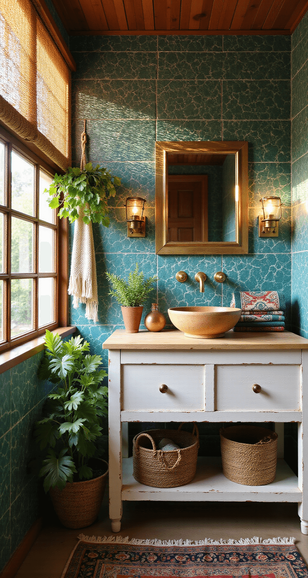 Teal Bathroom Decor: Transform Your Space with Sophisticated Calm A bohemian-inspired bathroom with teal Moroccan mosaic tiles behind a vintage brass mirror, featuring a whitewashed wood vanity, vessel sink, macrame plant hangers, and layered textiles, all illuminated by warm afternoon light.
