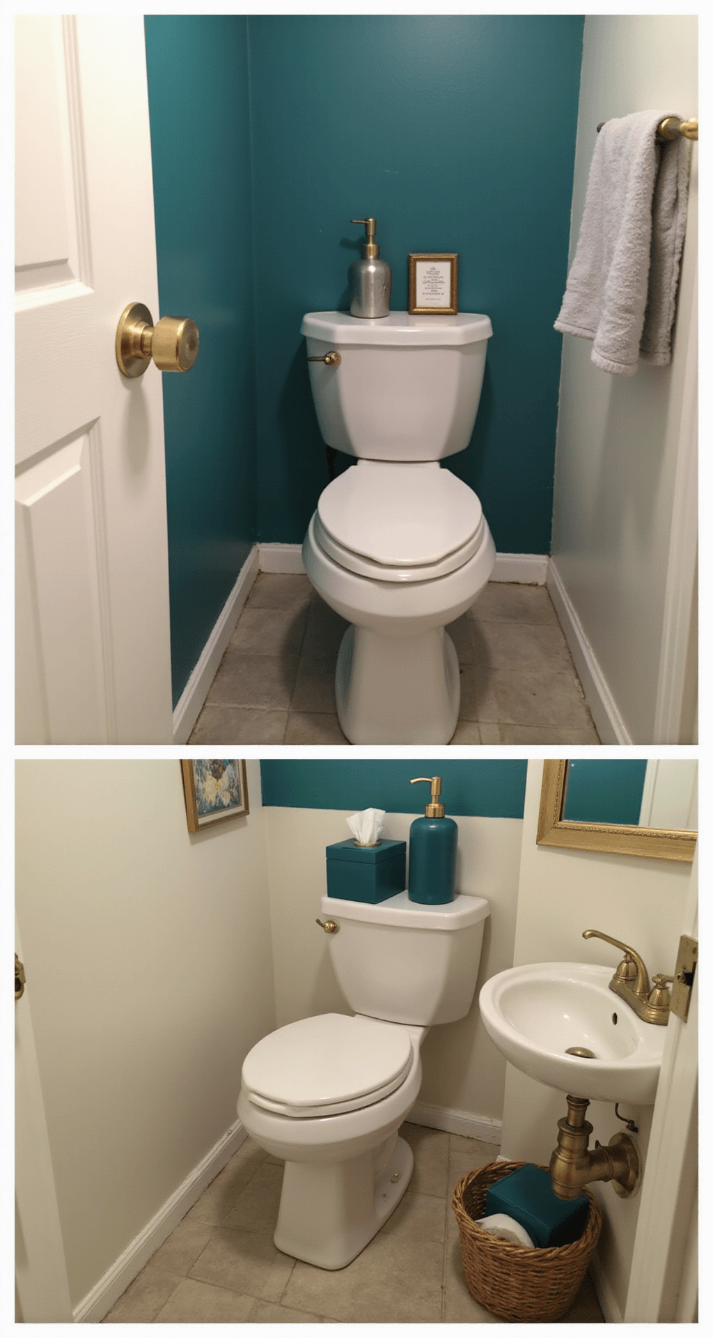 Teal Bathroom Decor: Transform Your Space with Sophisticated Calm Budget-friendly bathroom transformation featuring a painted teal accent wall behind a white toilet and pedestal sink in a compact 5x8 foot powder room, enhanced by brass hardware and teal accessories, all illuminated by late morning light.