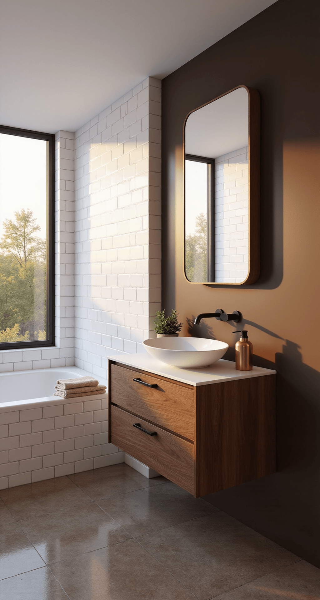 Brown Bathroom Decor: Creating a Warm and Inviting Sanctuary Photorealistic modern minimalist bathroom featuring white subway tile walls, a glossy chocolate brown accent wall behind a walnut floating vanity with a white vessel sink, and a matte black faucet, all illuminated by warm golden hour light streaming through a frosted window. The space has geometric brown herringbone tiles, minimal accessories, and a spa-like atmosphere.