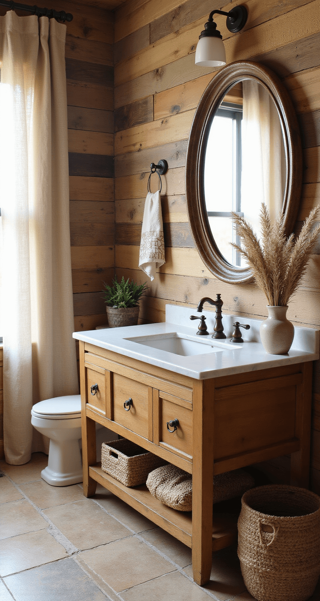 Brown Bathroom Decor: Creating a Warm and Inviting Sanctuary Rustic bathroom featuring a reclaimed wood accent wall in warm honey tones, vintage vanity with marble countertop, bronze fixtures, sandy stone tile flooring, woven baskets, dried pampas grass, cream linen shower curtain, and copper mirror frame, all bathed in soft morning light.