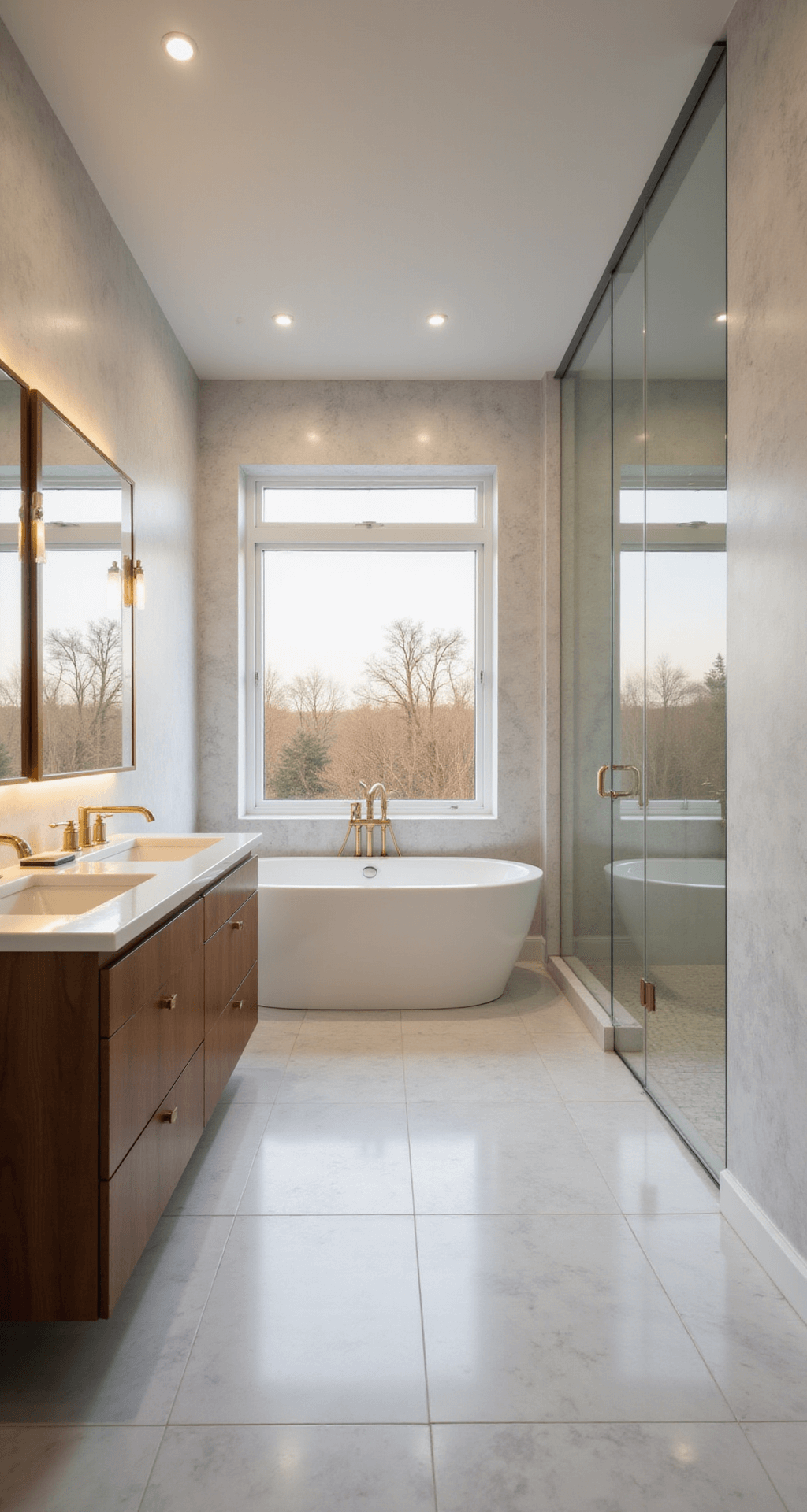 Bathroom Tile Ideas: Transform Your Space with Floor & Decor's Stunning Designs Luxurious spa-inspired master bathroom with Carrara marble-look porcelain tiles in soft dove gray and cream veining, featuring a freestanding soaking tub, floating walnut double vanity, brushed brass fixtures, and soft natural lighting.