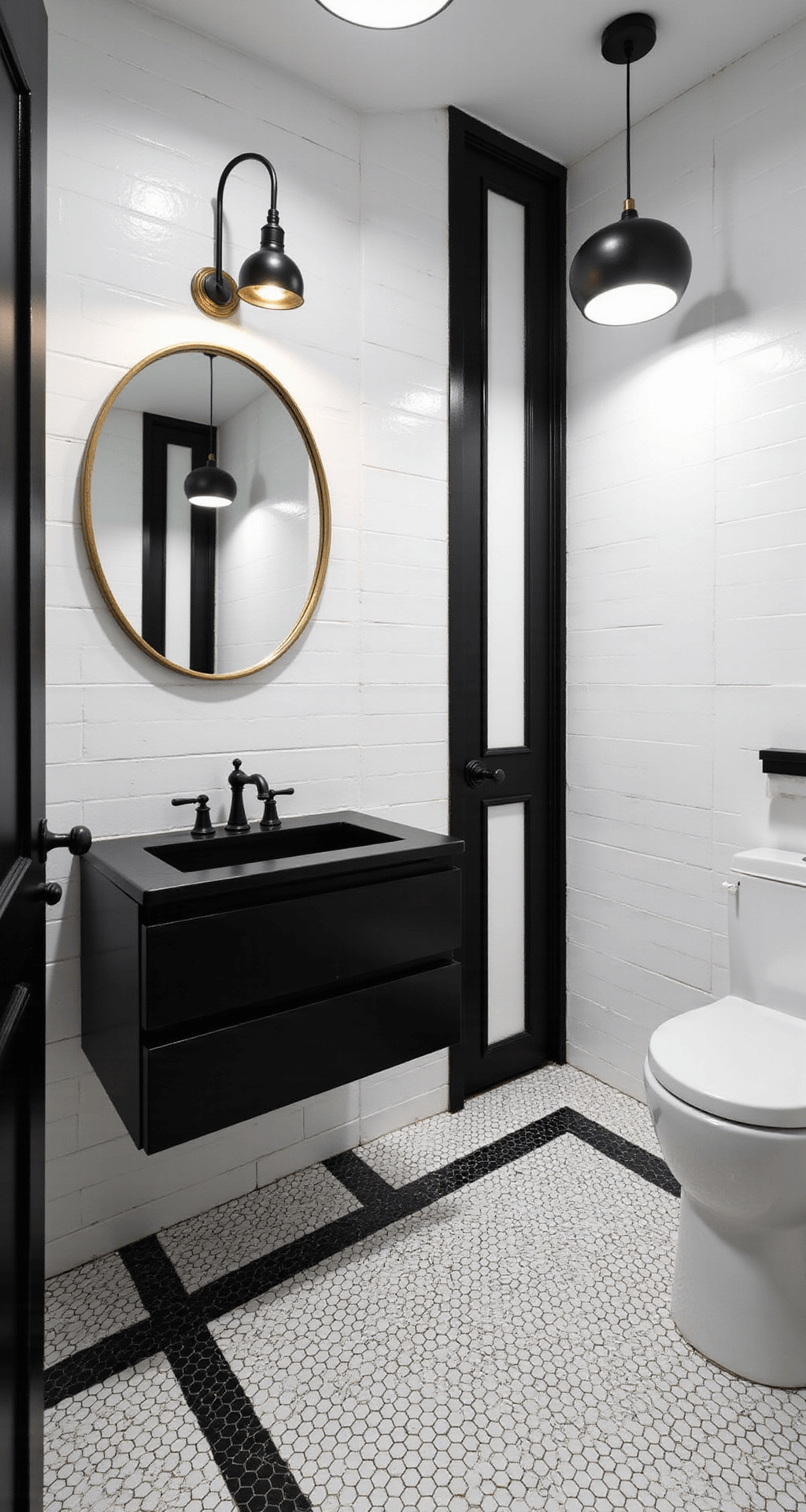 Bathroom Tile Ideas: Transform Your Space with Floor & Decor's Stunning Designs Dramatic black and white bathroom featuring hexagonal floor tiles and vertical subway tiles, with a floating black vanity and round brass-framed mirror, illuminated by bright pendant lighting for sharp shadows, photographed from a low angle to highlight geometric contrasts.