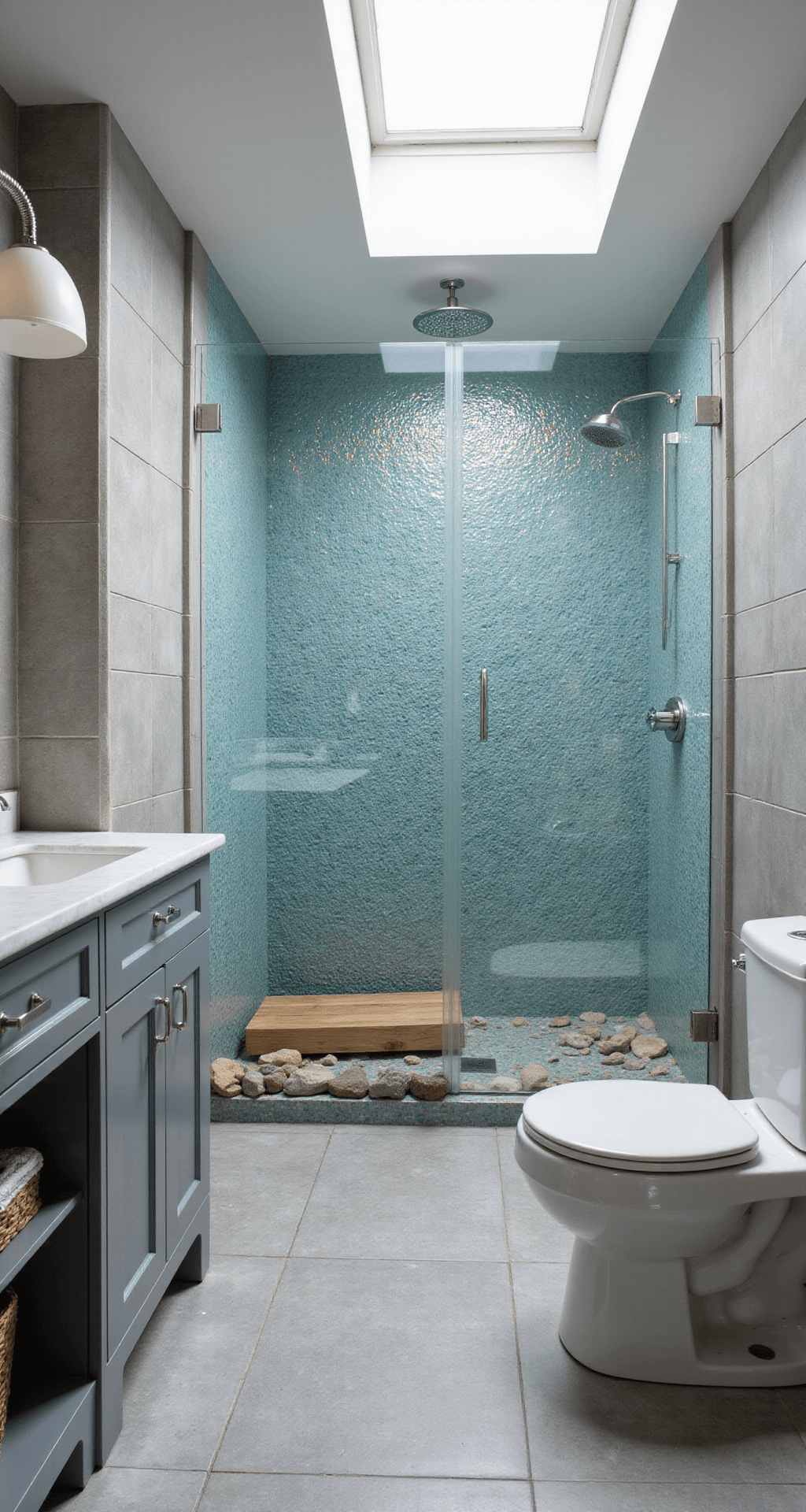 Bathroom Tile Ideas: Transform Your Space with Floor & Decor's Stunning Designs A walk-in shower featuring a stunning mosaic accent wall of iridescent glass tiles in ocean blues and seafoam greens, with neutral gray subway tiles surrounding the space. Natural light from a skylight creates prismatic reflections on the textured mosaic surface, complemented by a sleek gray vanity and chrome fixtures. A teak shower bench and river rock accents add natural elements to the design.