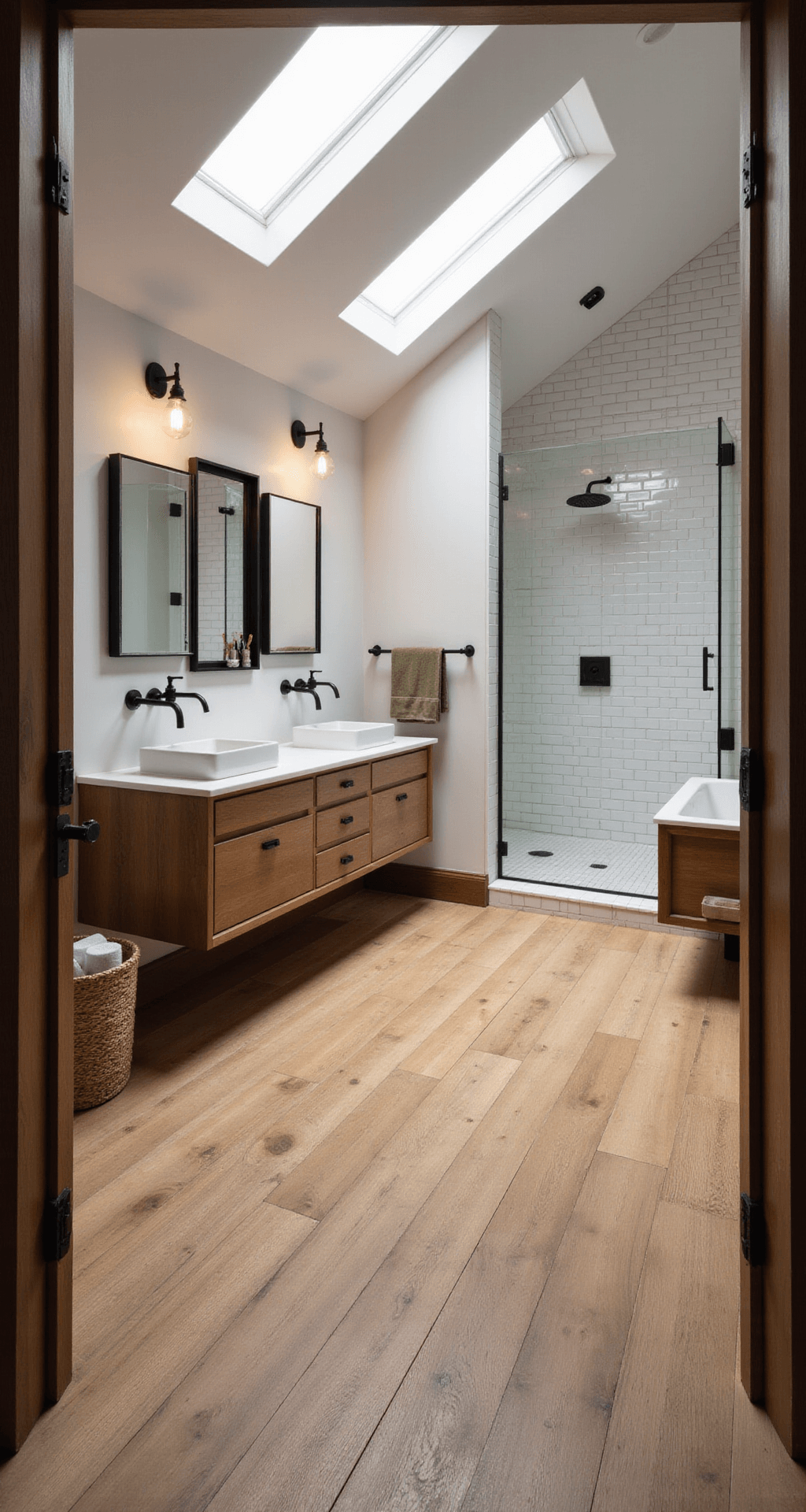 Bathroom Tile Ideas: Transform Your Space with Floor & Decor's Stunning Designs Contemporary bathroom featuring warm honey oak porcelain wood-look tile, large format planks in a modern horizontal pattern, a floating vanity with dual sinks and matte black faucets, industrial black metal accents, clerestory windows for natural light, and white subway tiles in the shower area, captured from the doorway to highlight the seamless wood grain texture and ambient lighting.