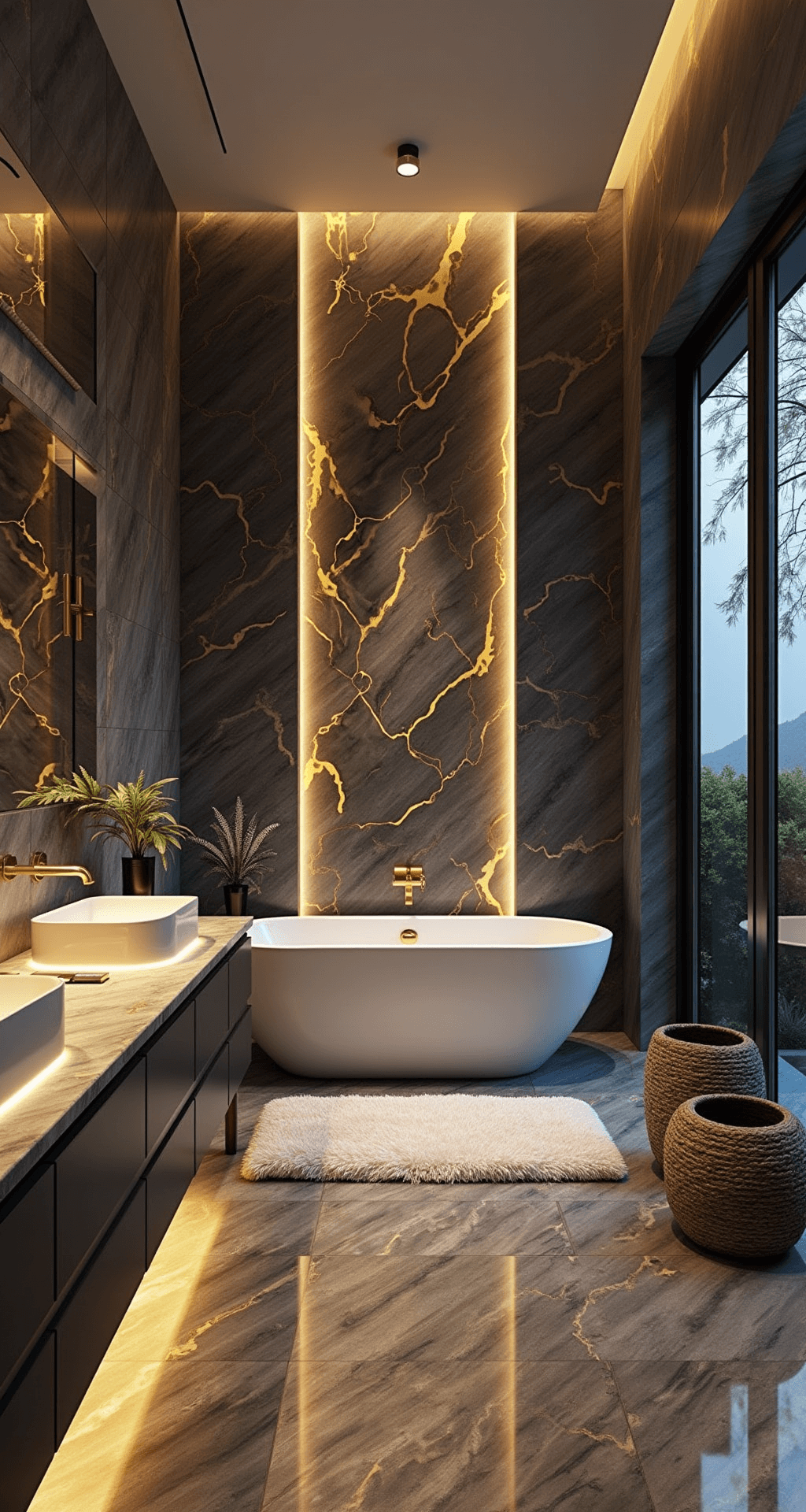 Bathroom Tile Ideas: Transform Your Space with Floor & Decor's Stunning Designs Luxurious bathroom featuring large format marble-look tiles with dramatic gold veining, a freestanding tub against a book-matched accent wall, a glowing onyx vanity, and warm lighting highlighting rich textures and finishes.