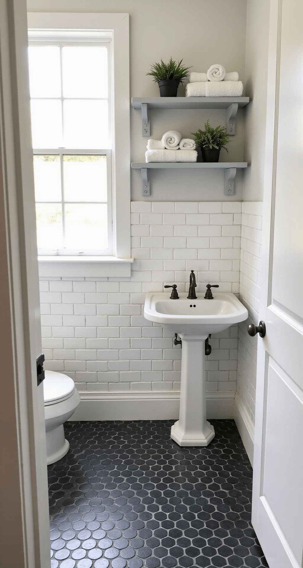 Bathroom Tile Ideas: Transform Your Space with Floor & Decor's Stunning Designs Budget-friendly bathroom featuring white subway tiles on walls and charcoal penny round floor tiles, with a vintage pedestal sink and oil-rubbed bronze faucet, illuminated by natural morning light.