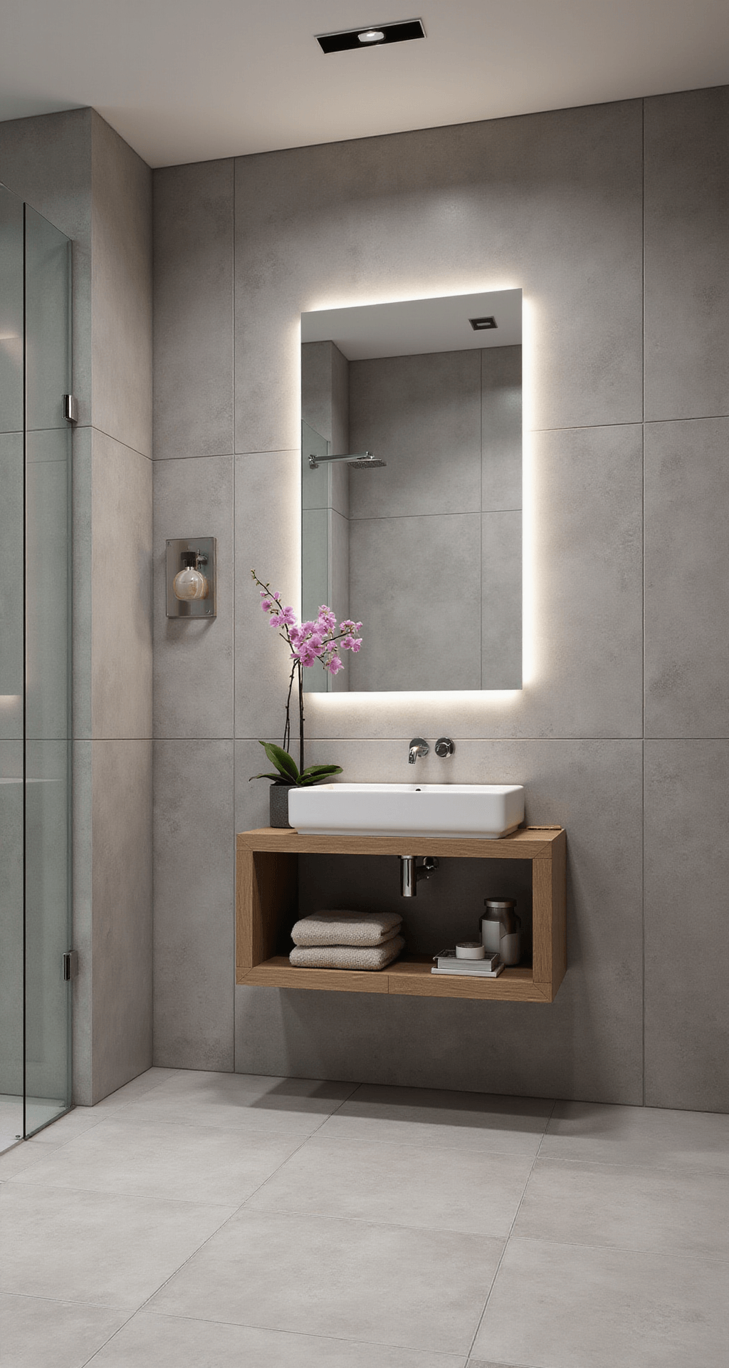 Bathroom Tile Ideas: Transform Your Space with Floor & Decor's Stunning Designs Modern minimalist bathroom featuring large gray concrete-look tiles, a floating wall-mounted vanity, frameless glass shower, warm wood accents, and indirect LED lighting for a serene ambiance.
