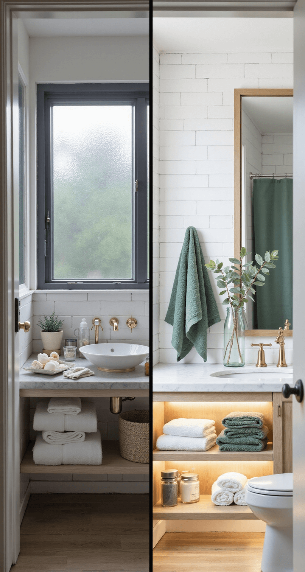 Bathroom Decor Secrets: Transform Your Space in Hours, Not Weeks Photorealistic wide-angle shot of a modern bathroom makeover, showing a cluttered left side with mismatched towels and scattered toiletries, and a transformed right side with coordinated sage green towels, clear acrylic storage, and minimalist decor, illuminated by warm LED lighting and soft morning light through a frosted glass window.