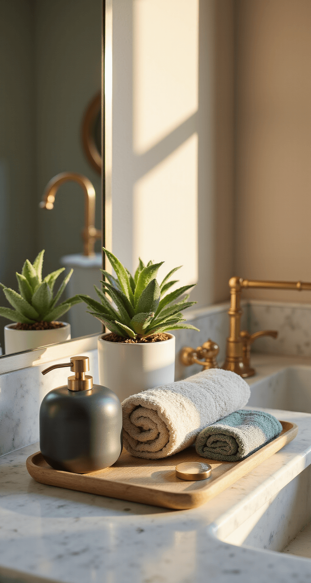 Bathroom Decor Secrets: Transform Your Space in Hours, Not Weeks Intimate macro shot of a bathroom vanity showcasing warm honey-toned natural lighting, featuring beige linen towels, a gray ceramic soap dispenser, a white porcelain tray with brass accessories, and a small potted succulent for a soothing color palette.