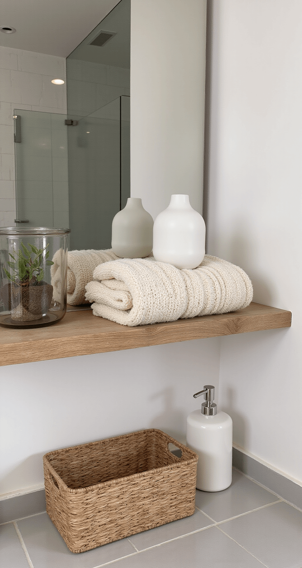 Bathroom Decor Secrets: Transform Your Space in Hours, Not Weeks Overhead shot of a bathroom shelf featuring textured elements, including chunky cream washcloths, matte white ceramic vessels, a woven seagrass basket, and a reclaimed wood shelf, all arranged in a monochromatic cream palette with soft diffused lighting.