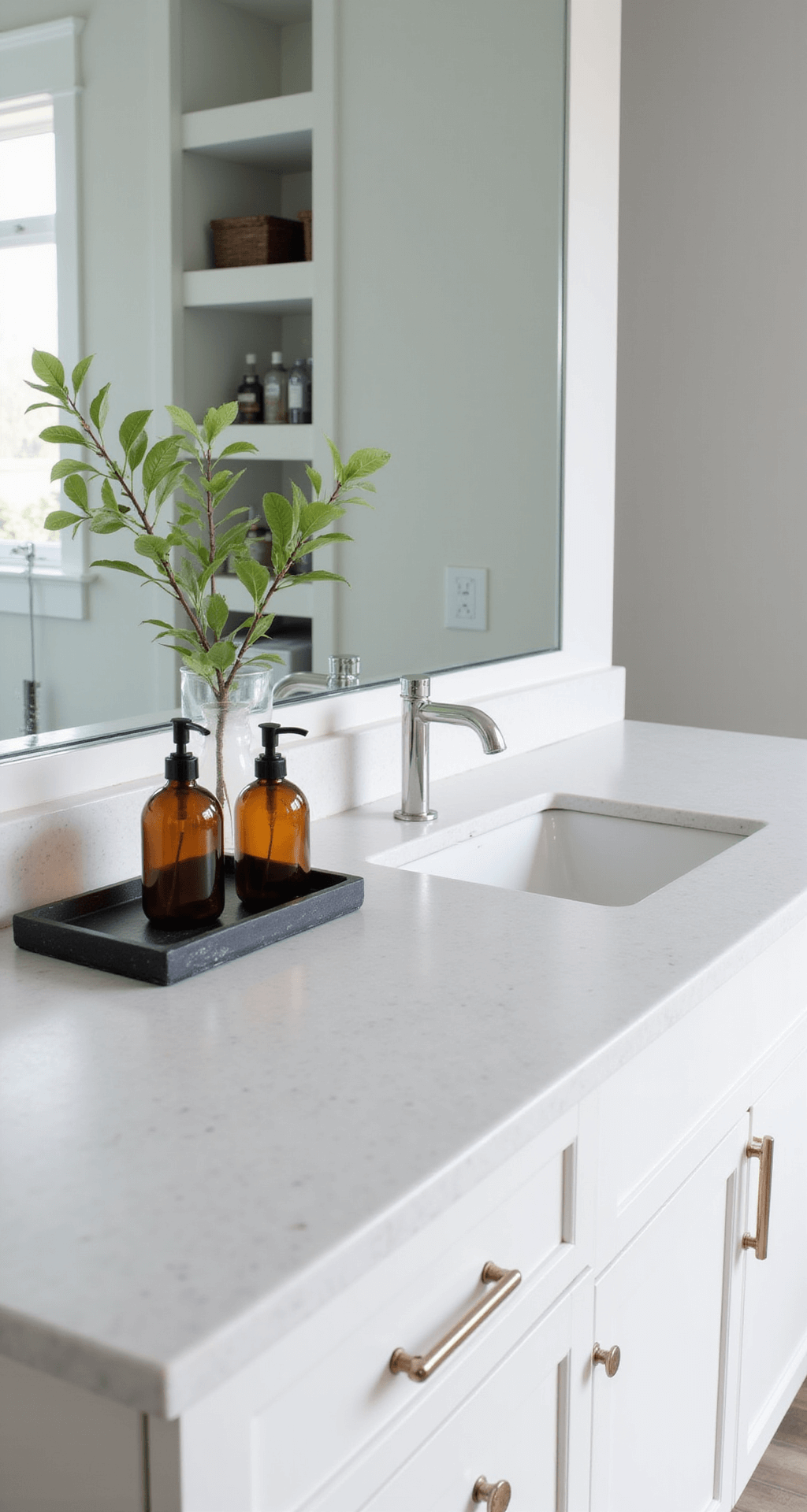 Bathroom Decor Secrets: Transform Your Space in Hours, Not Weeks A clean and minimalist bathroom counter featuring a white quartz surface with deliberate emptiness, showcasing a black stone tray holding an amber glass soap dispenser and a small air plant. The space is flooded with natural light from a large window, and a frameless mirror reflects an organized medicine cabinet. Chrome fixtures add metallic accents to the monochromatic design, all captured from a slight side angle to emphasize spaciousness and intentional decor placement.