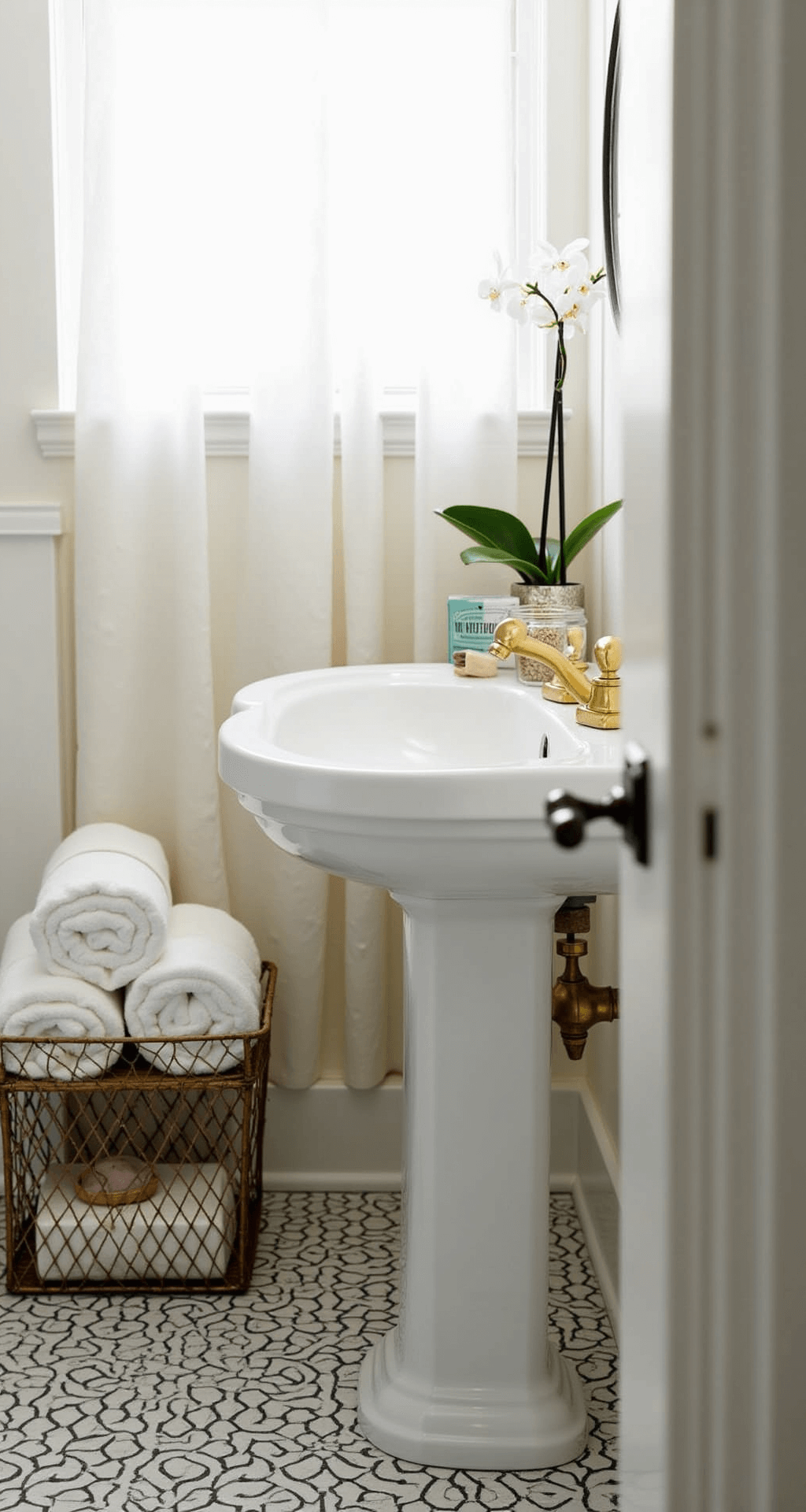 Bathroom Decor Secrets: Transform Your Space in Hours, Not Weeks Cozy bathroom corner with a budget-friendly transformation featuring a white pedestal sink with brass fixtures, hexagonal black and white floor tiles, and soft afternoon light. Decor includes fluffy white towels in a wire basket, a glass jar with cotton swabs, a wooden soap dish with artisanal soap, and a single white orchid in a clear vase, all under $100. Shot from a low angle to highlight small space appeal and stylish coordination.